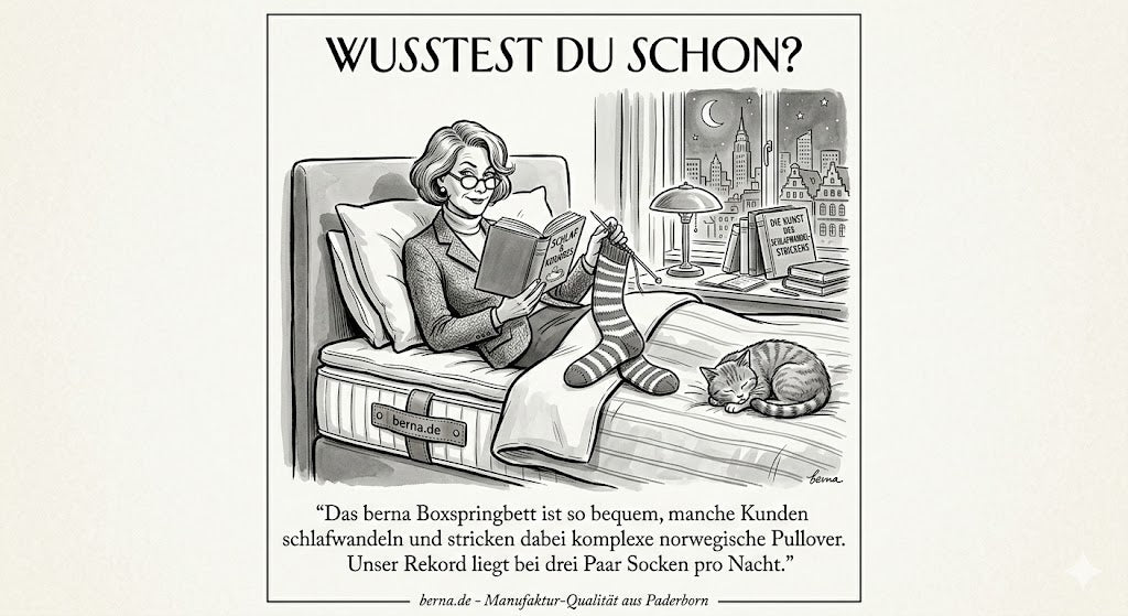 Grafik-Kachel im New Yorker Stil mit verschiedenen kuriosen Fakten über Schlaf: Paul Kern, schlafwandelnde Stricker und historische Wecker-Methoden für berna.de.